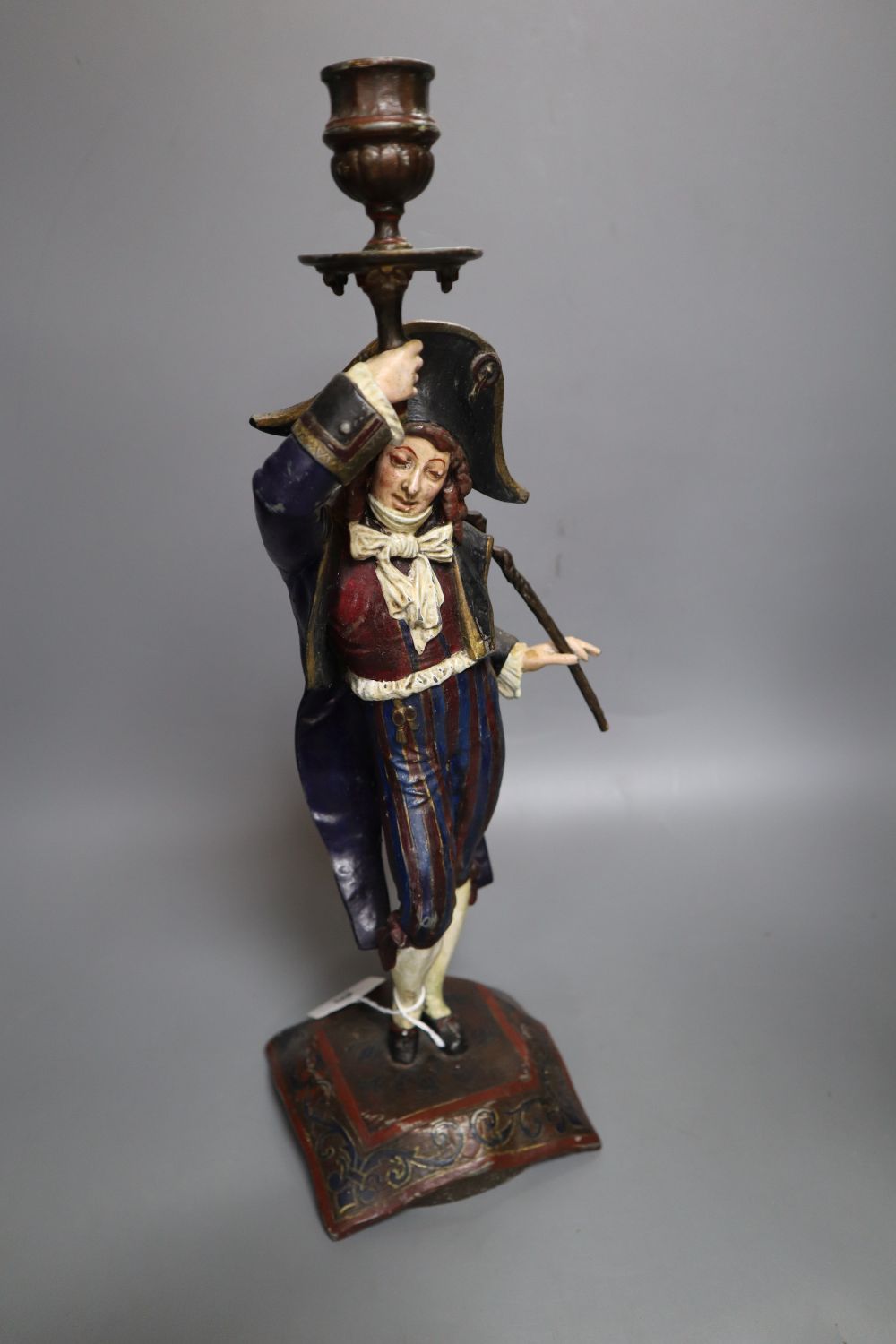 A pair of late 19th century French spelter figural candlesticks, height 41cm